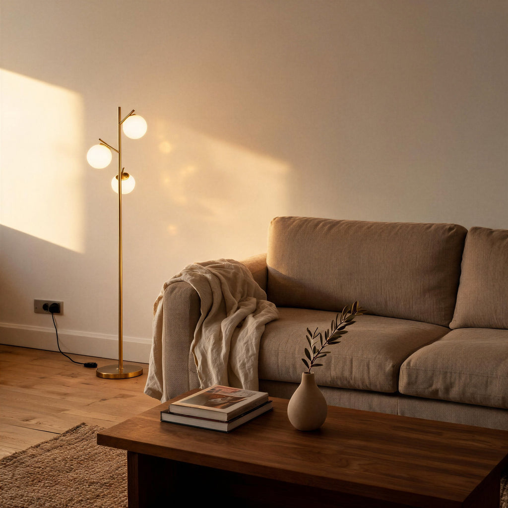 Tree-style globe floor lamp glowing warmly beside a beige sofa with linen throw, walnut coffee table and vase on oak flooring at dusk.