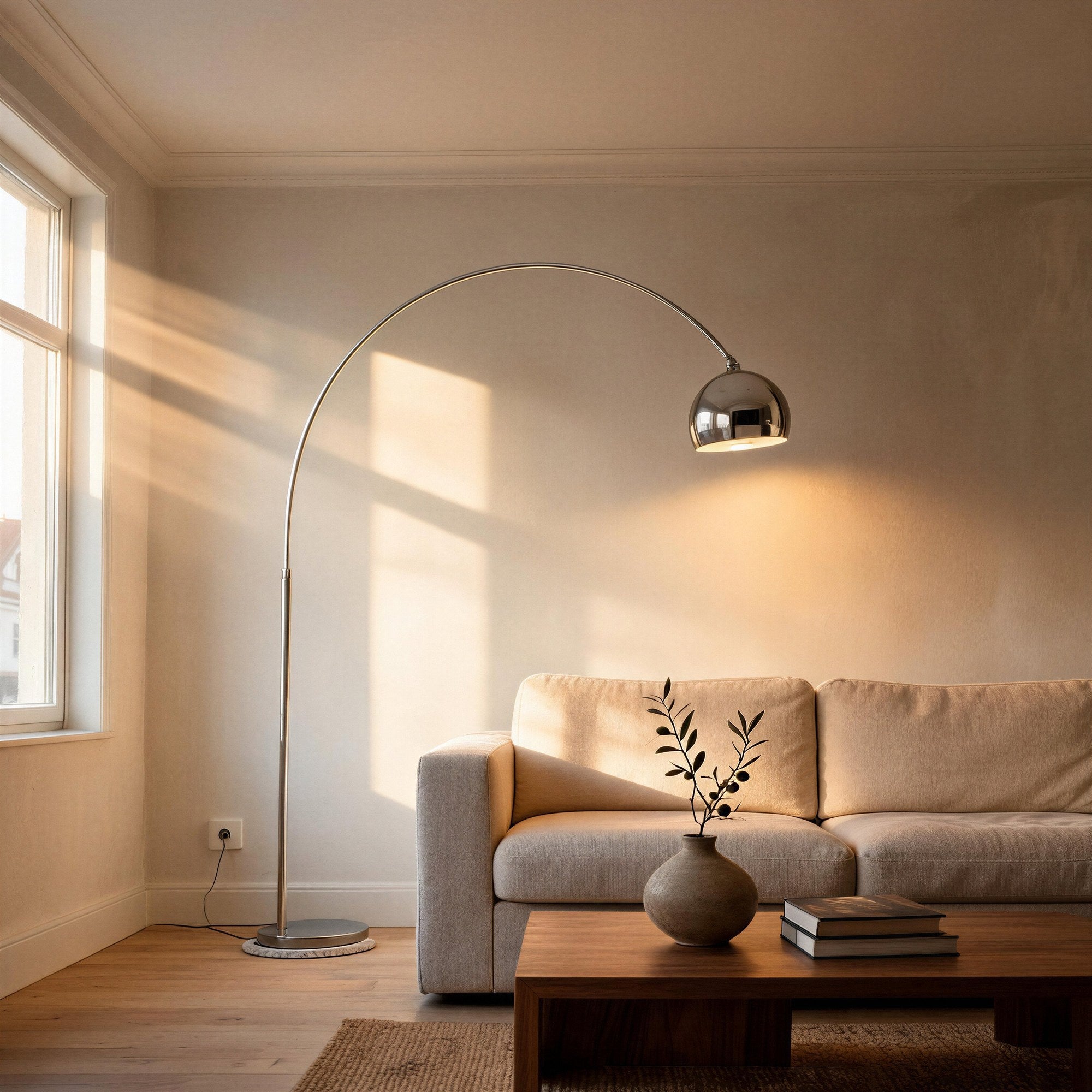 Arc floor lamp glowing over a beige linen sofa beside a walnut coffee table, sunlight streaming through a living room window