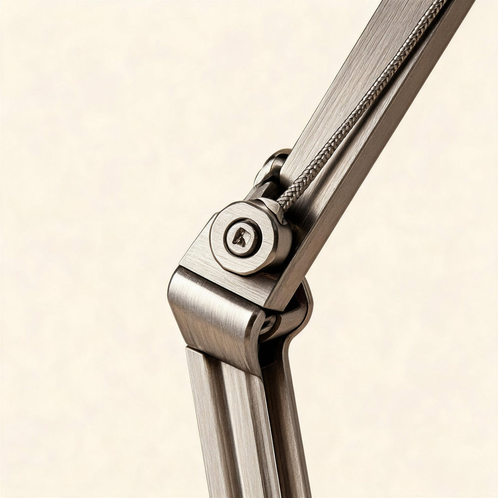 Close-up of brushed aluminum elbow joint revealing pivot hardware, braided tension cable, and machined arm segments