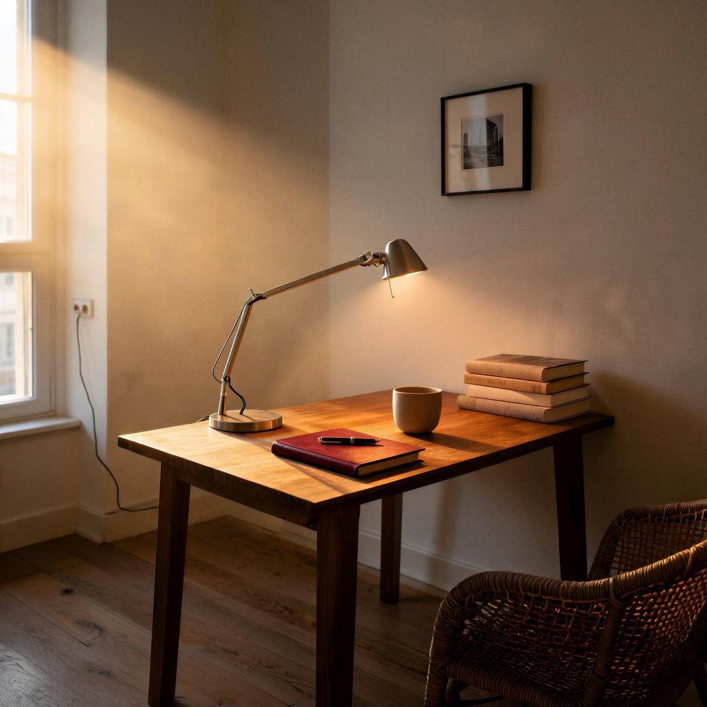 Warm-lit wooden desk in a bedroom corner with the silver task lamp illuminating a leather journal, mug, and stacked books