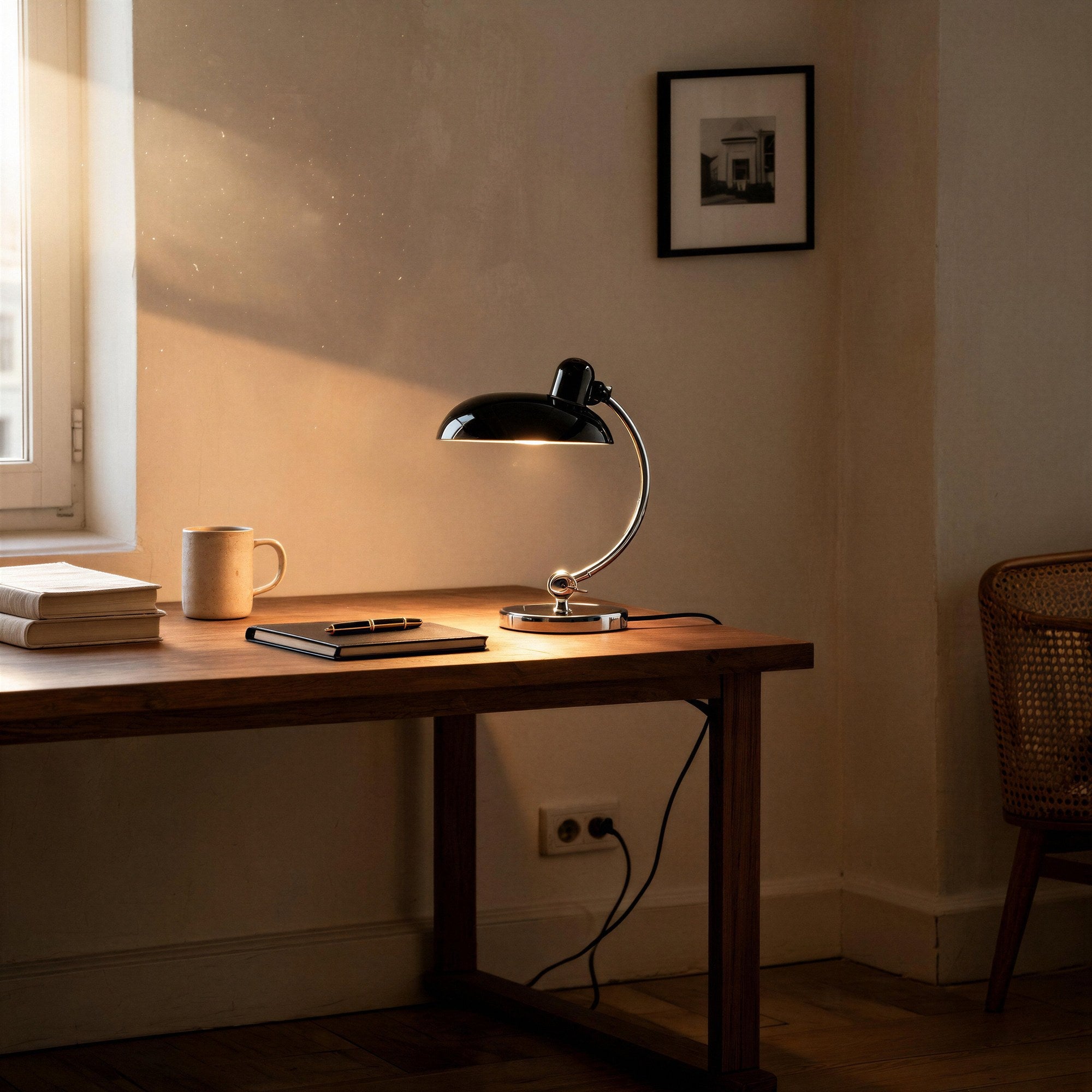 Lit black dome lamp on a wooden desk beside a stoneware mug, notebook and pen, with framed art and caned chair in a sunlit bedroom corner.