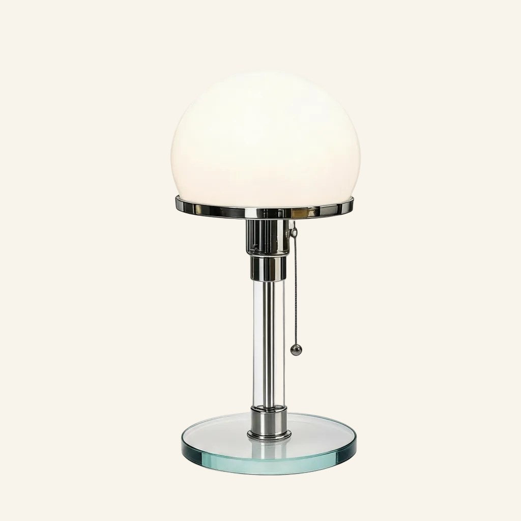 Opal glass dome shade on a chrome-rimmed disc, clear glass stem with pull-chain switch and round glass base, Bauhaus table lamp