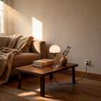 Lit Bauhaus table lamp on a walnut coffee table beside books and a ceramic vase, sunlit living room with throw-draped sofa