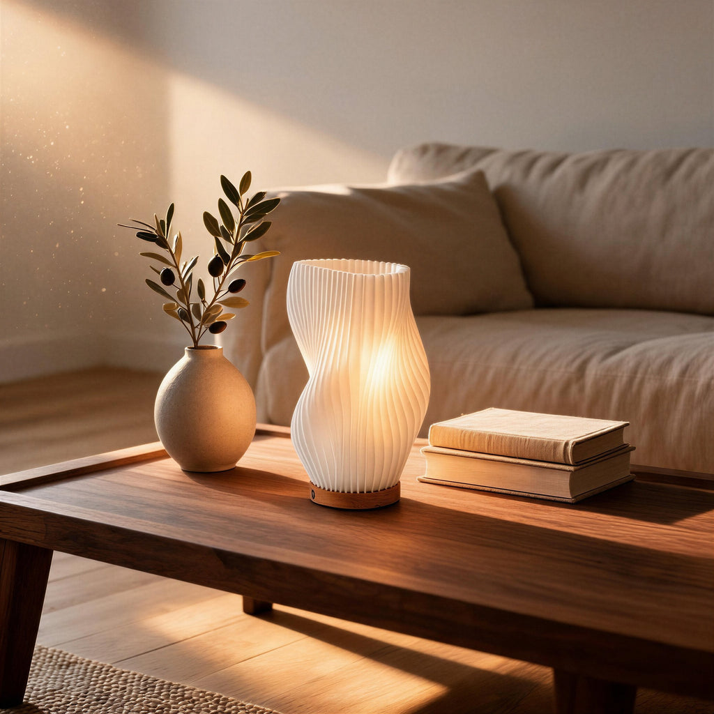 Lit cordless lamp on a walnut coffee table beside a stoneware vase with olive sprigs and stacked books, evening bedroom-style scene.
