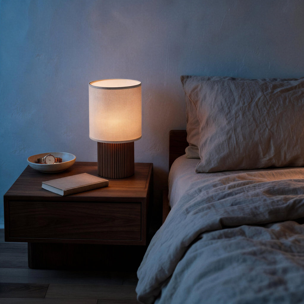 Lit portable lamp on walnut nightstand beside linen-dressed bed, casting warm light against moody blue bedroom wall at dusk.