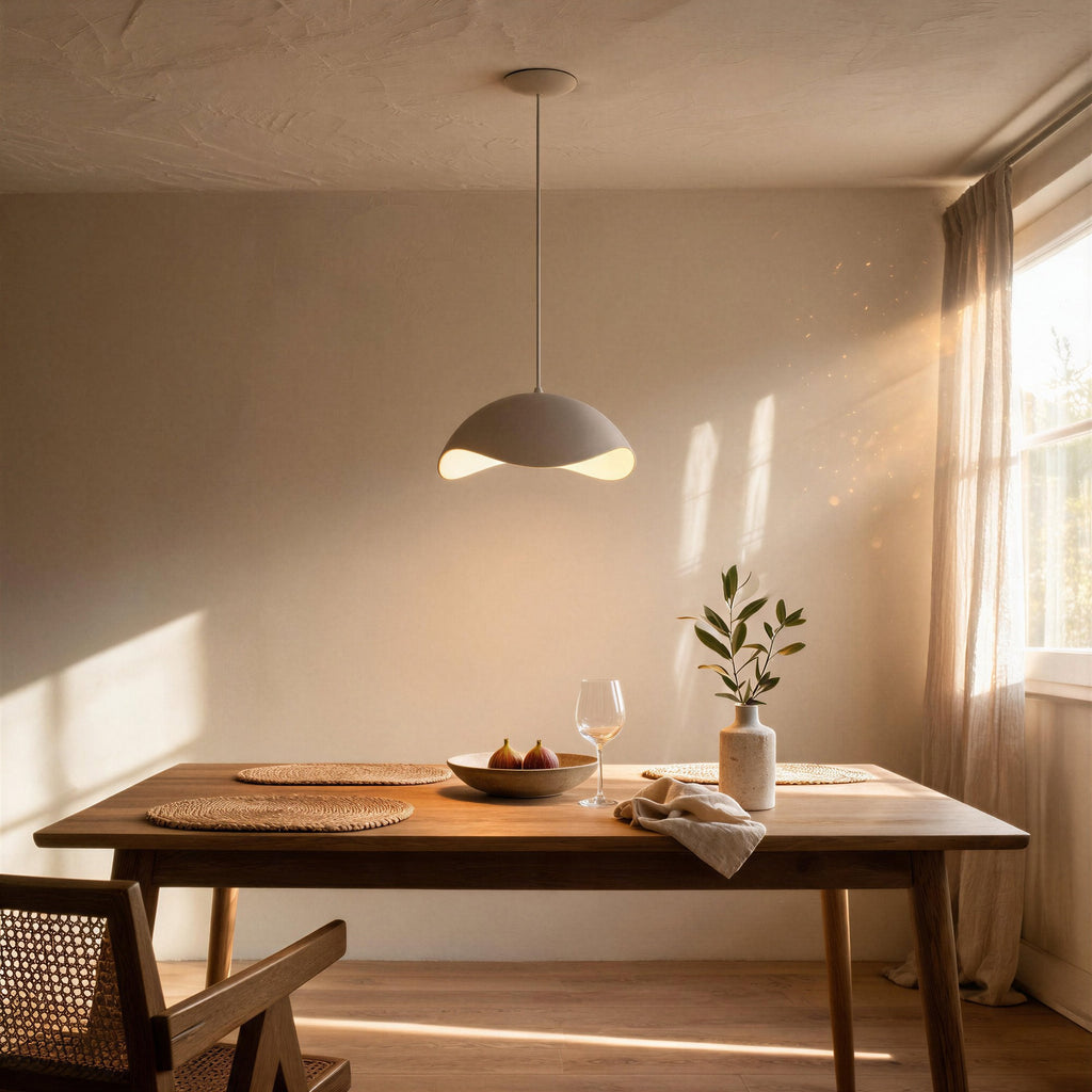 Dome pendant lamp glowing softly above an oak dining table with woven mats, fig bowl, wine glass and stoneware vase in sunlit dining room.