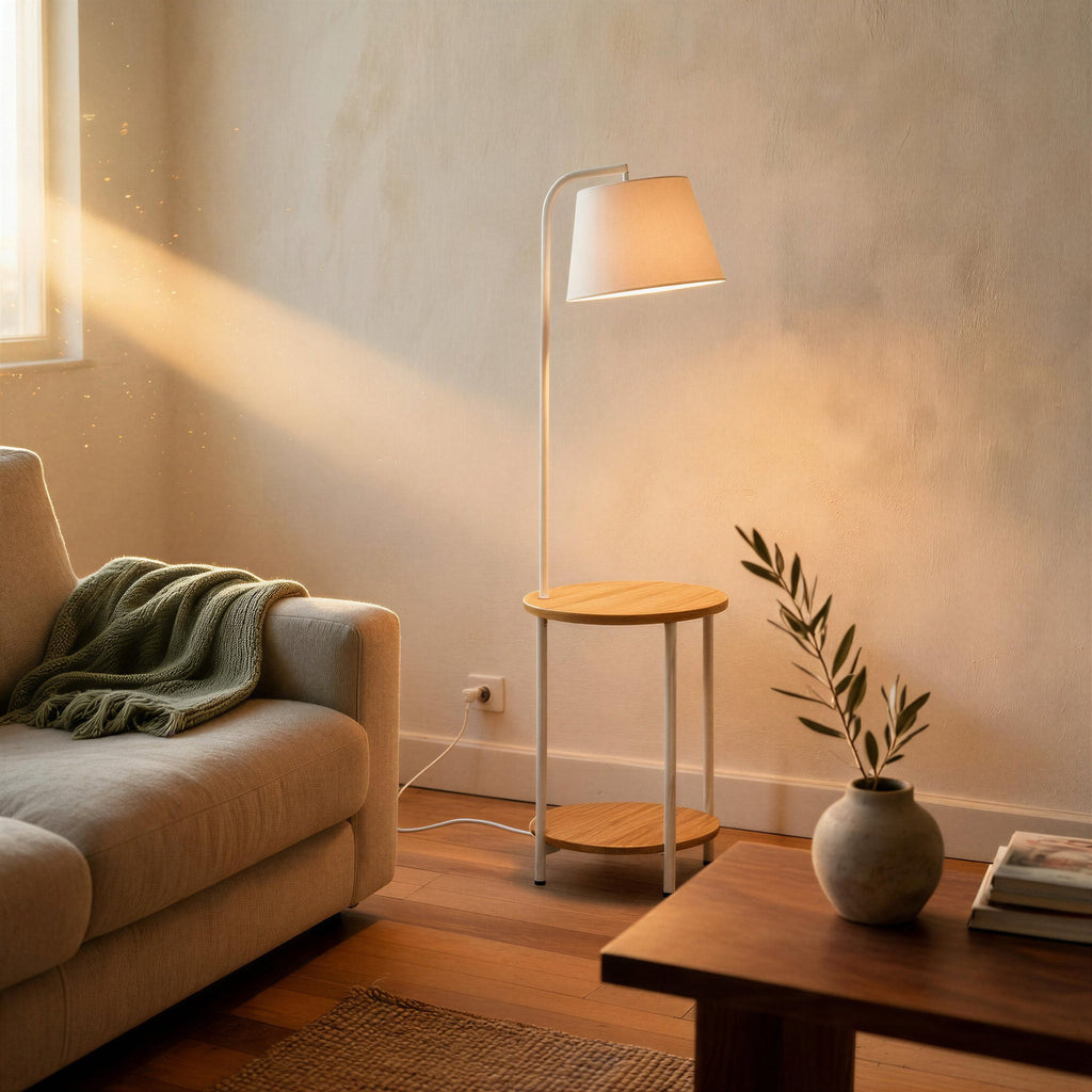 Lit floor lamp beside a beige sofa with green throw, casting warm glow on plaster wall in a sunlit living room corner.