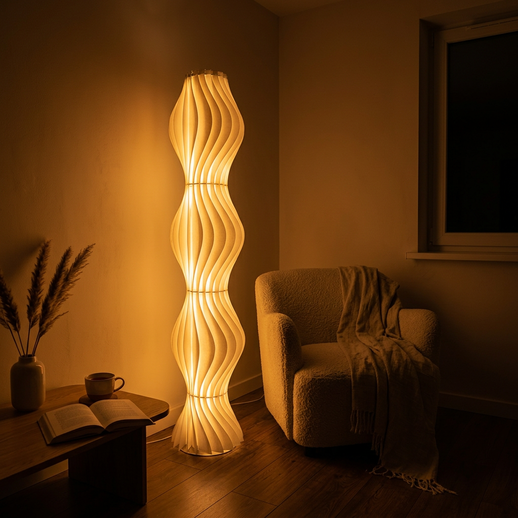 Tiered White Floor Lamp with Sculptural Skirt Shade