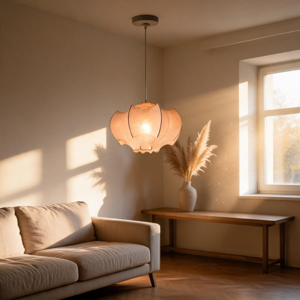 Petal-shaped pendant glowing warmly above a wooden bench with pampas grass, beside a beige sofa in a sunlit living room with parquet floor