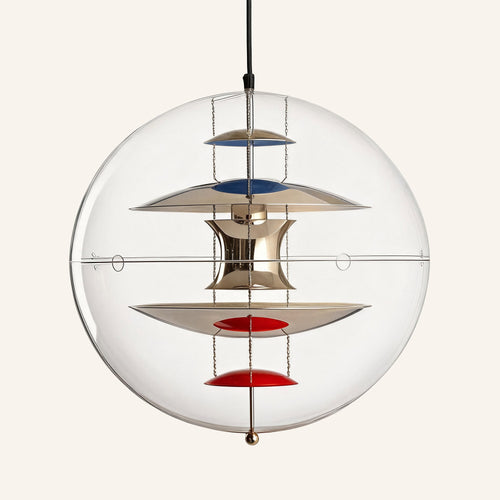 Clear glass globe pendant lamp on cream backdrop, polished metal hourglass diffuser stacked with blue and red reflector discs inside the sphere.