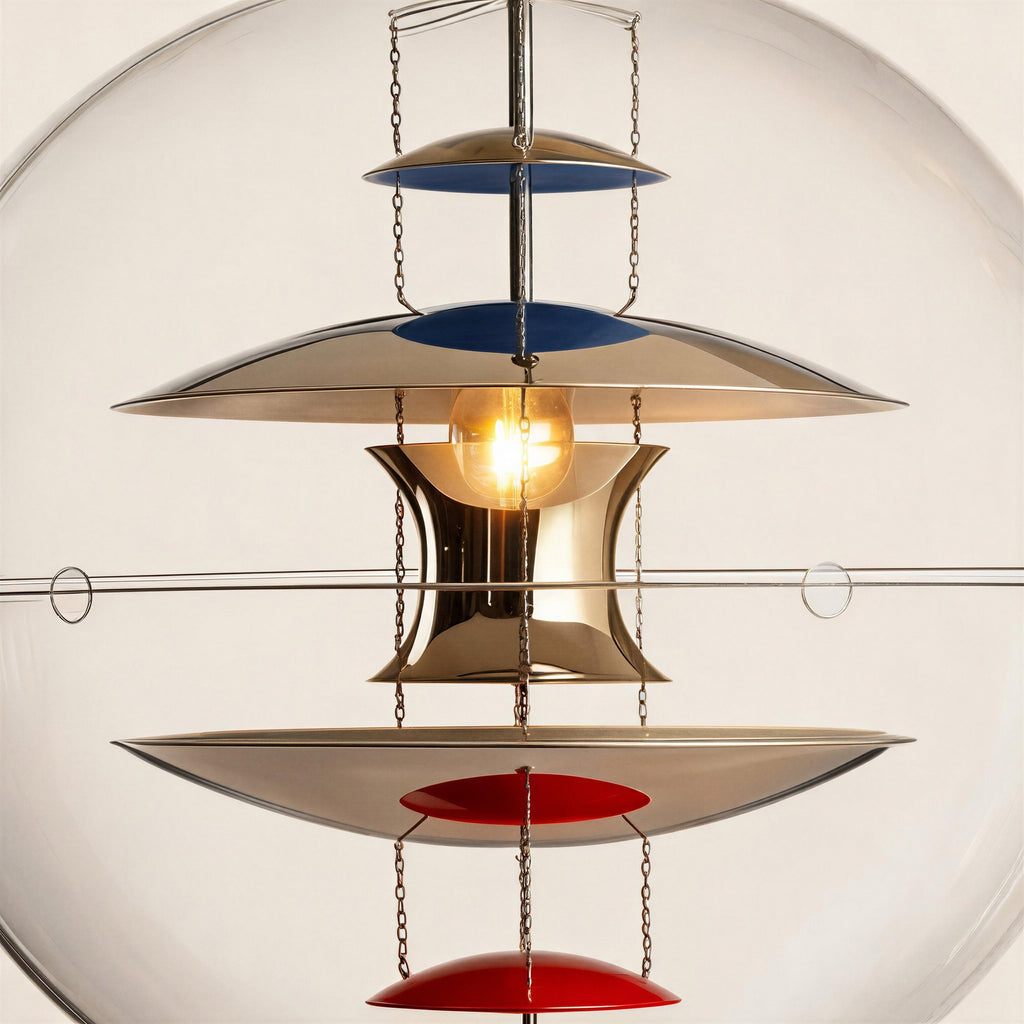 Close-up of stacked chrome reflector discs with blue and red undersides, lit bulb glowing within a polished metal core suspended on thin chains.