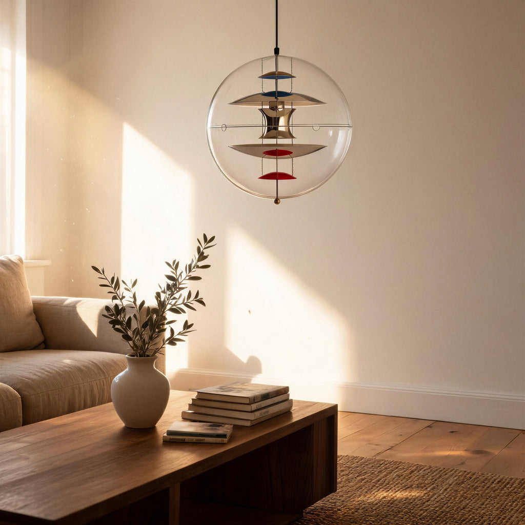 Spherical glass pendant lamp hanging above a wooden coffee table with vase and books, sunlit minimalist living room with linen sofa and jute rug.