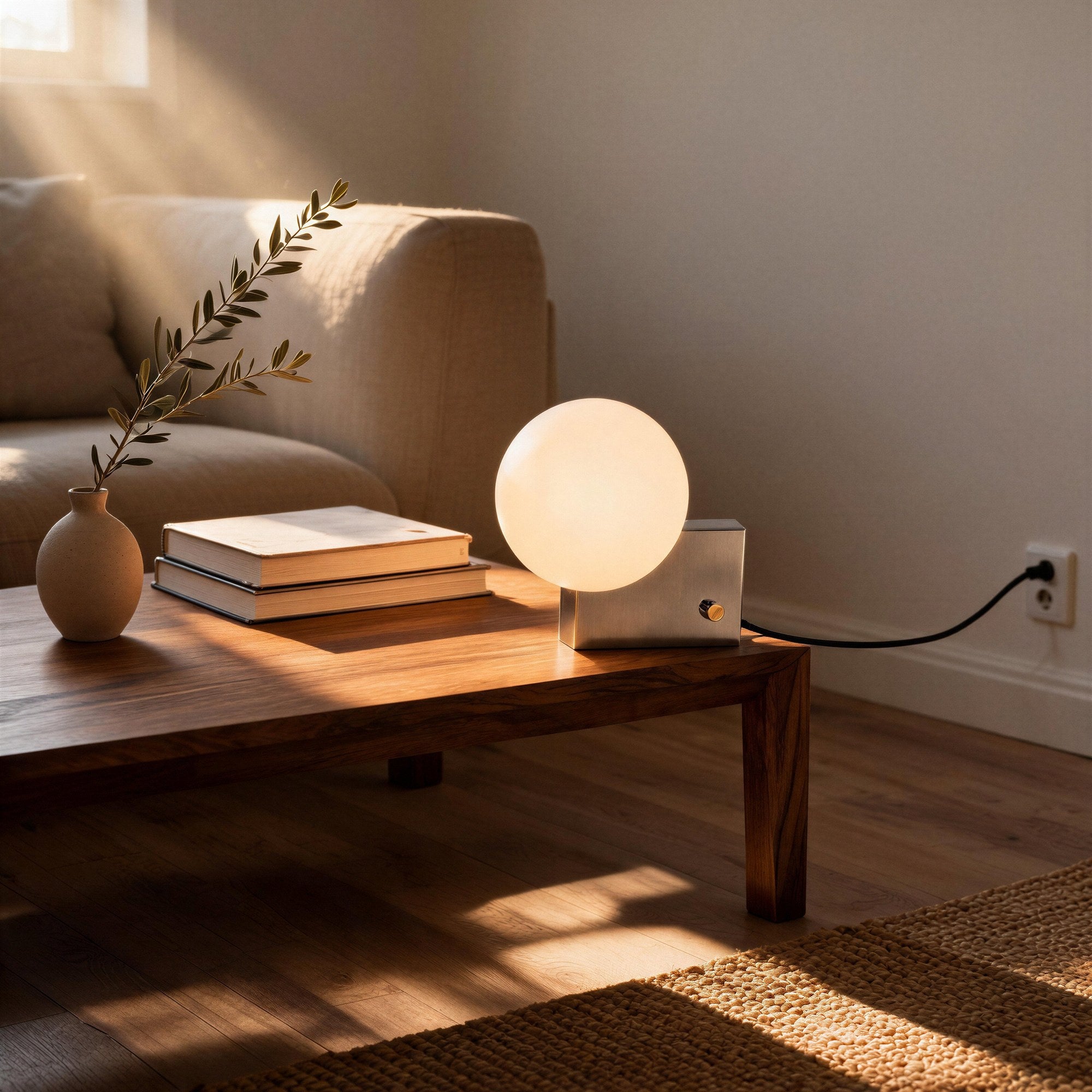 Lit bedside table lamp on a walnut coffee table beside stacked books and a small vase in a sunlit living room.