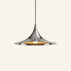 Polished chrome variant of the curved cone pendant, mirror-bright shade reflecting the cream surroundings and warm bulb inside.