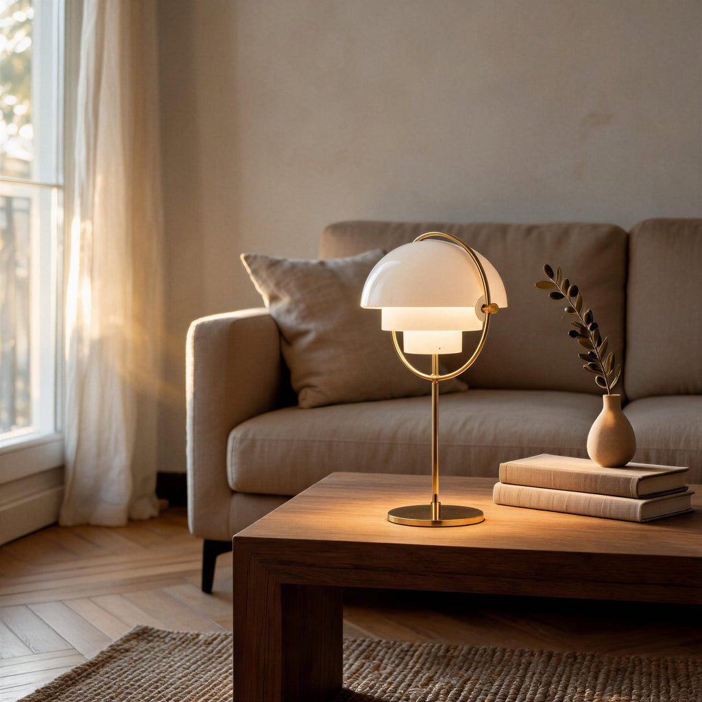 Lit lamp glows softly on a wooden coffee table beside a linen sofa and olive sprig, warm sunlight crossing a herringbone living room floor.
