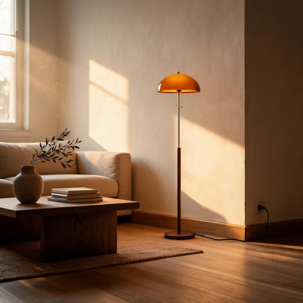 Walnut-stemmed floor lamp casts warm amber light beside a linen sofa and wooden coffee table in a sunlit living room corner
