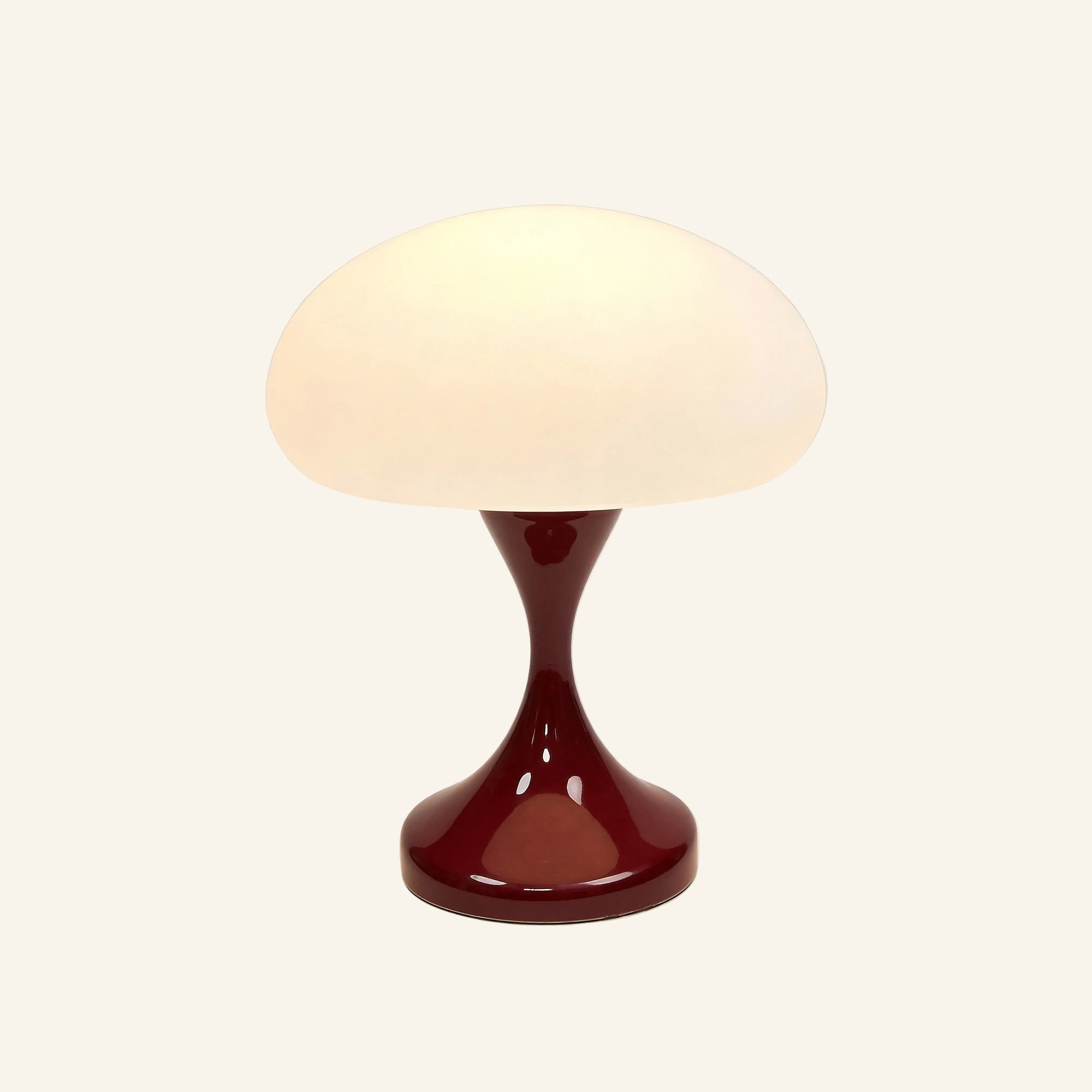 Variant view featuring a deep burgundy glossy tulip stem paired with the frosted white dome, modern minimalist bedroom accent