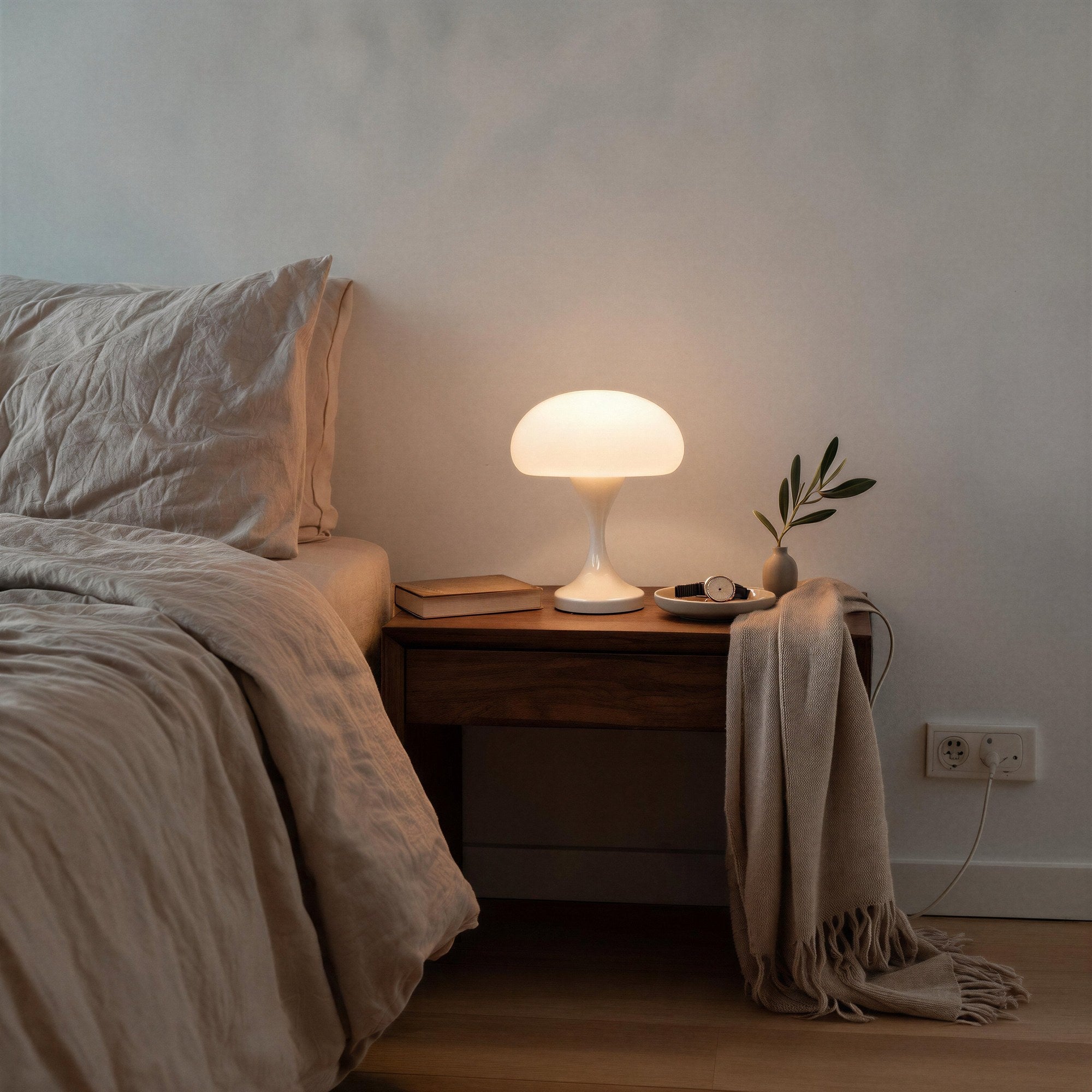 Lit mushroom lamp on a wooden nightstand beside linen bedding, olive sprig and watch tray creating a calm minimalist bedroom scene