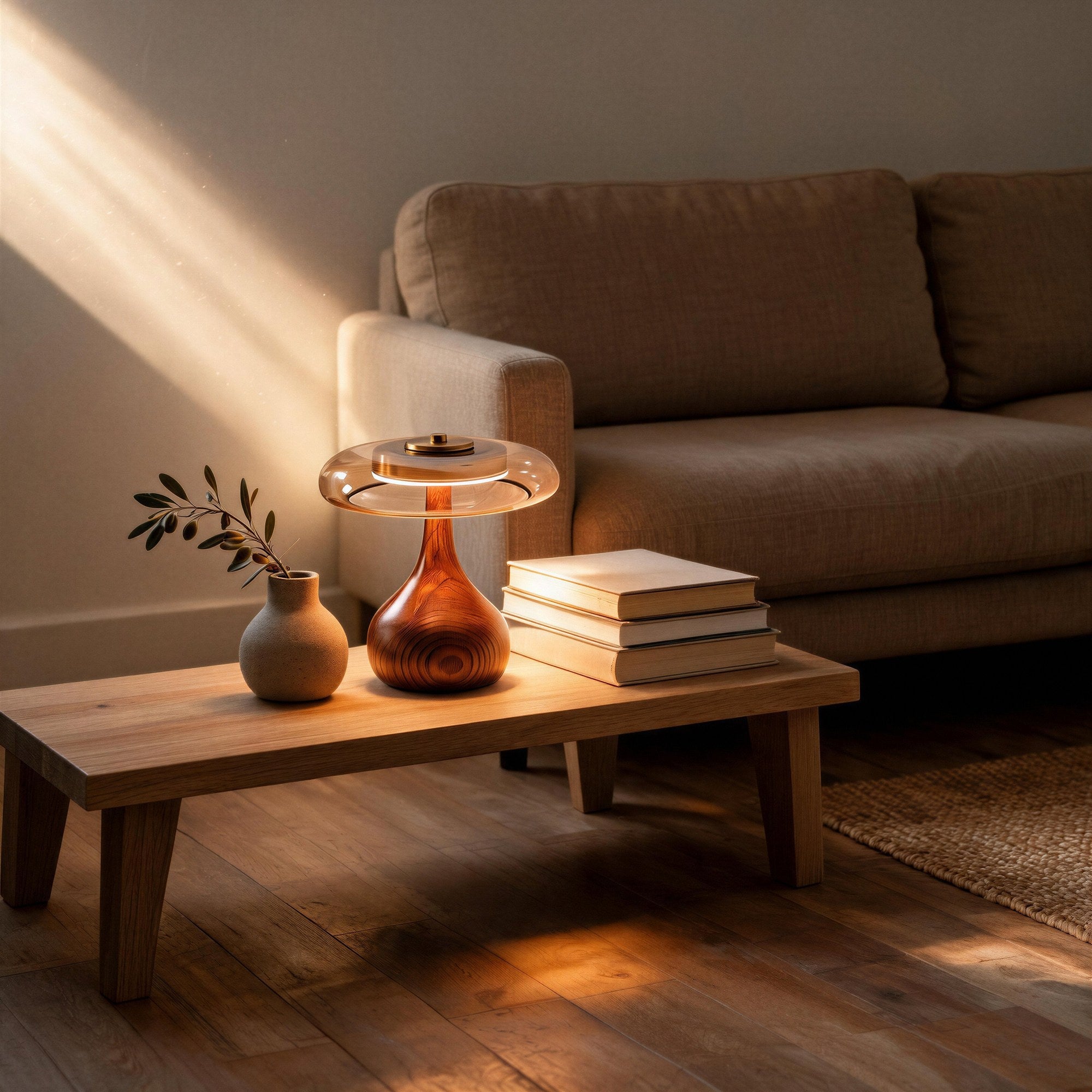 Lit lamp glowing on a low oak coffee table beside a stoneware vase and stacked books, linen sofa and wood floor in a bedroom corner