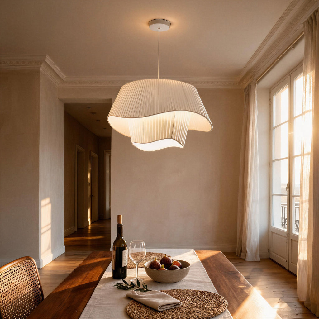 Pleated silk pendant lamp glowing above a wooden dining table with wine, fruit bowl and rattan chair in a sunlit room