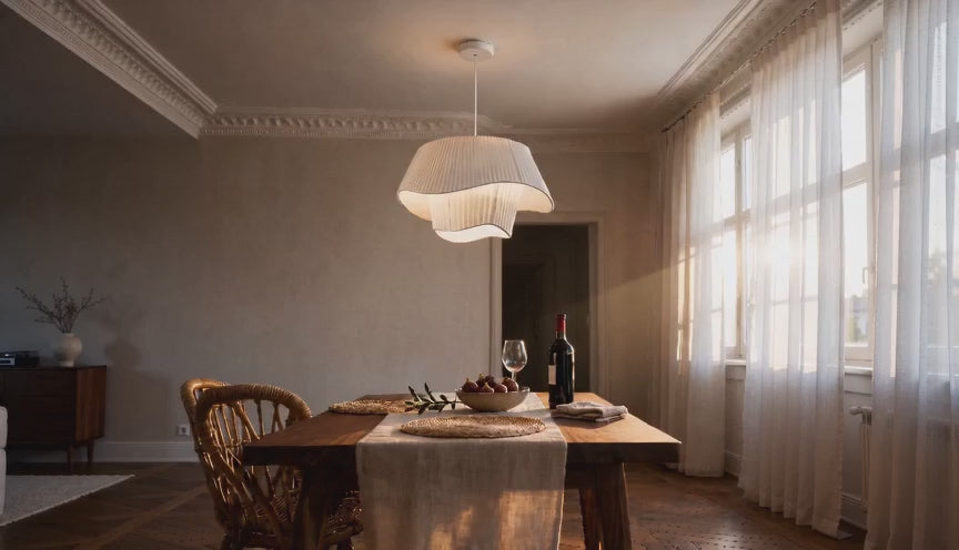 Cinematic video of a pleated cream silk two-tier pendant lamp glowing above a rustic wooden dining table at golden hour.