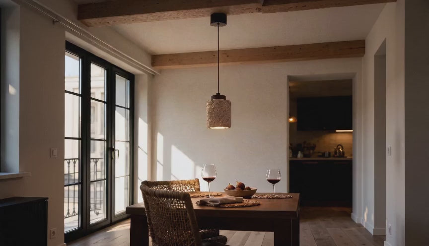 Cinematic video of a travertine stone pendant lamp with walnut wood cap hanging above a wooden dining table in a sunlit room.