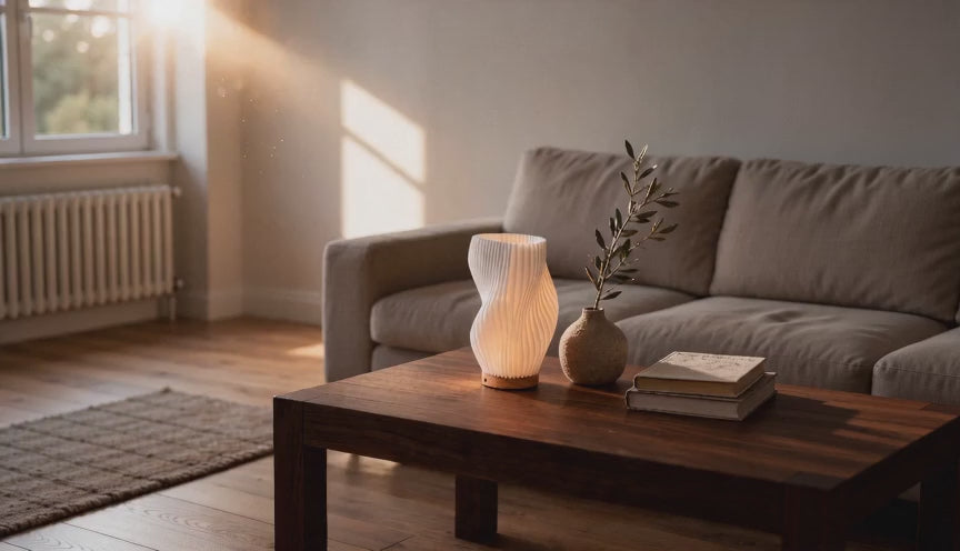 Cinematic video of a twisted ribbed white shade lamp glowing softly on a wooden coffee table at golden hour.