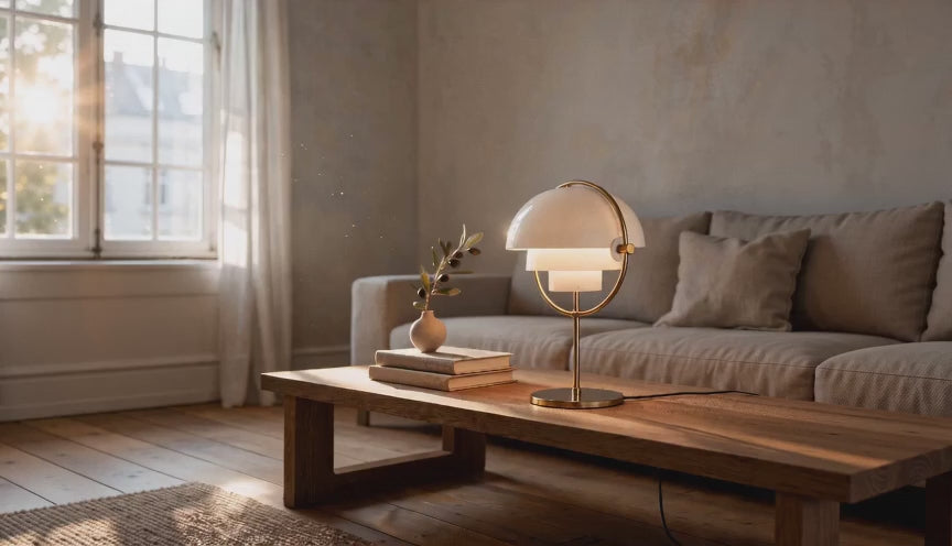 Cinematic video of a brass ring table lamp with dual hemispherical shades glowing on a wooden coffee table beside a linen sofa.