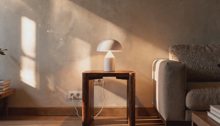 Cinematic video of a white mushroom dome table lamp on a wooden side table beside a linen sofa in warm sunlit room.