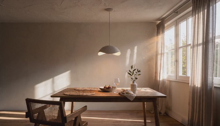 Cinematic video of an asymmetric dome pendant lamp glowing warmly above a wooden dining table in soft afternoon light.