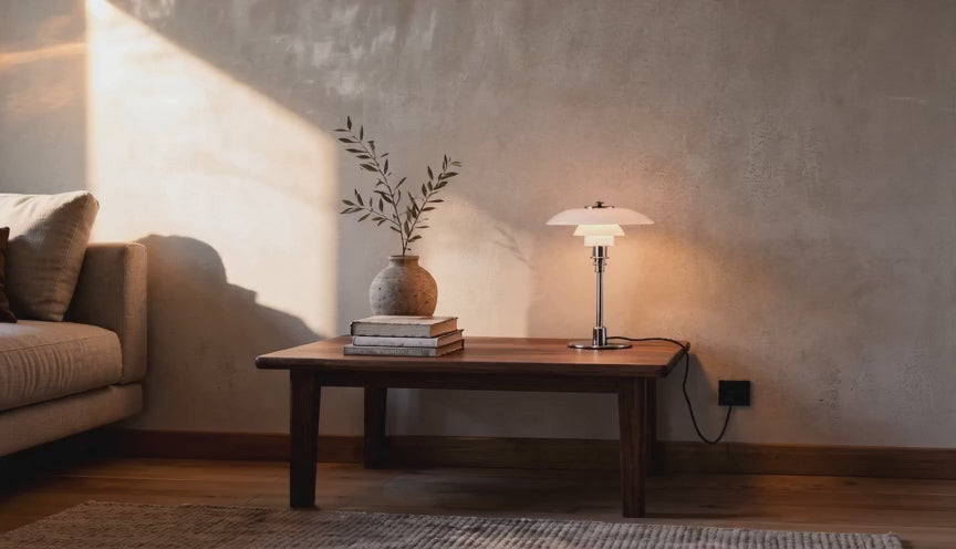 Cinematic video of a tiered opal glass table lamp glowing softly on a walnut coffee table beside an olive branch in a sunlit living room.