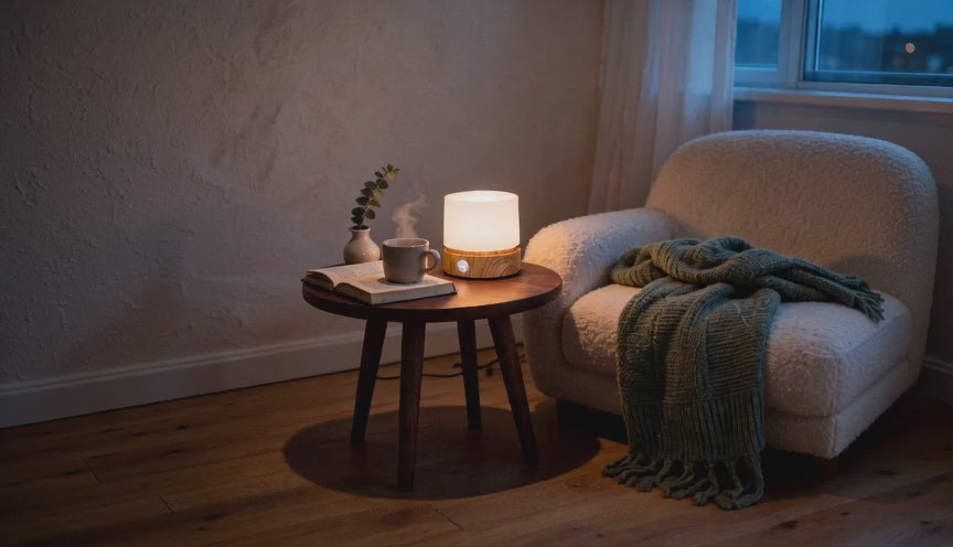 Cinematic evening video of a cordless cylindrical LED mood lamp glowing softly on a wooden side table beside a boucle armchair.
