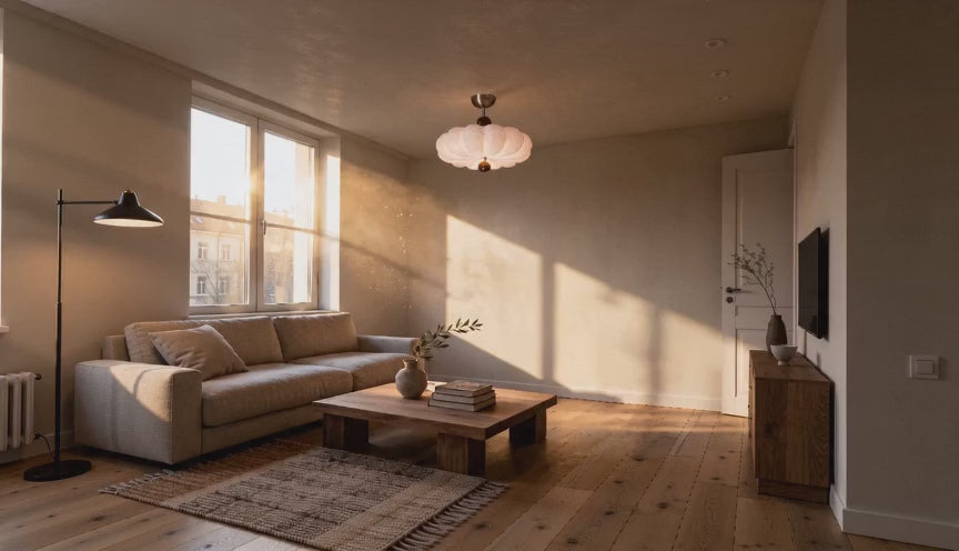Cinematic video of a ribbed cream pumpkin semi-flush ceiling light glowing softly in a sunlit living room with linen sofa and wooden coffee table.