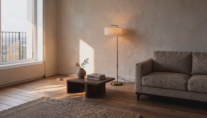 Cinematic video of a gold steel floor lamp with white linen drum shade glowing in a sunlit living room beside a low wooden coffee table.