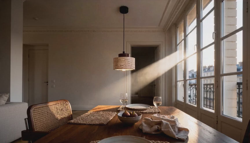 Cinematic video of a travertine pendant lamp with walnut cap above a dining table as golden sunlight streams through Parisian windows.