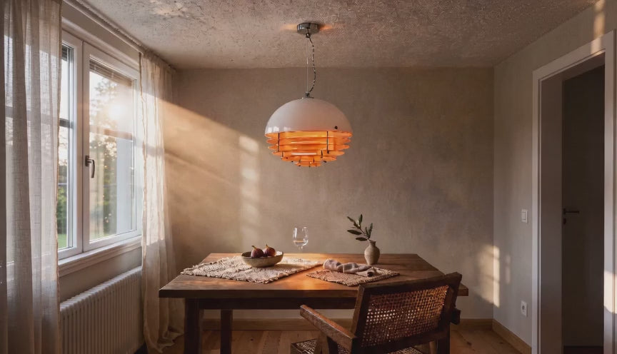 Cinematic video of a white glass dome pendant lamp with stacked orange acrylic rings glowing above a wooden dining table near a sunlit window.