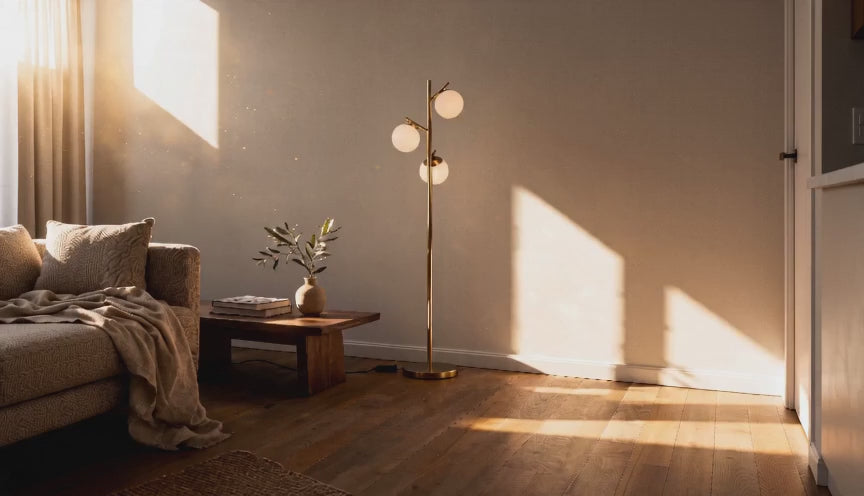 Cinematic video of a brushed gold three-globe floor lamp in a sunlit living room beside a linen sofa and wooden coffee table.