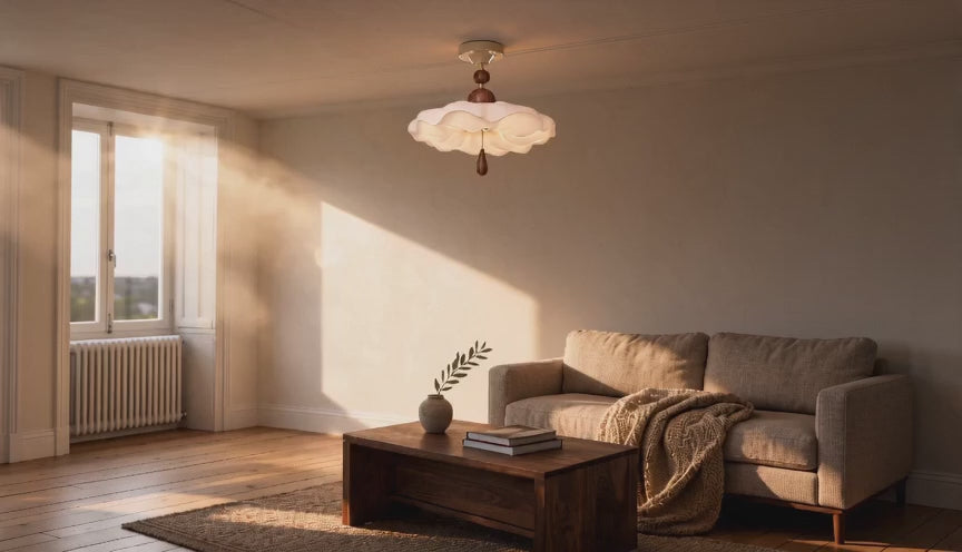 Cinematic video of a ruffled cream cloud semi-flush ceiling light with walnut wood beads glowing softly in a sunlit living room.
