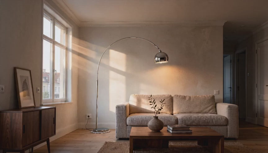 Cinematic video of a chrome arc floor lamp with dome shade glowing softly over a linen sofa in a sunlit living room.