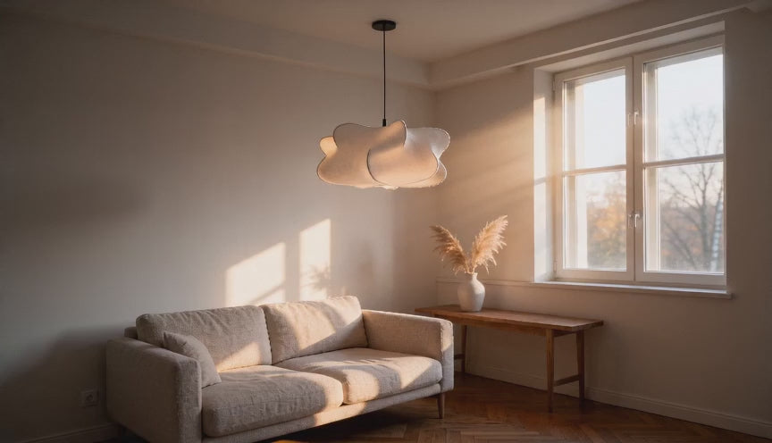 Cinematic video of a cloud-shaped white faux silk pendant lamp glowing softly above a linen sofa in a sunlit living room.