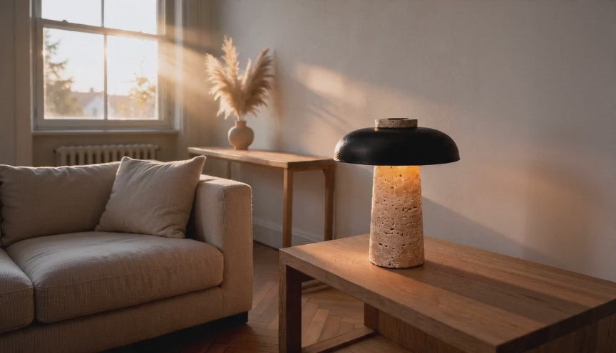 Cinematic video of a travertine mushroom table lamp with matte black dome glowing on a wooden coffee table in sunlit living room.