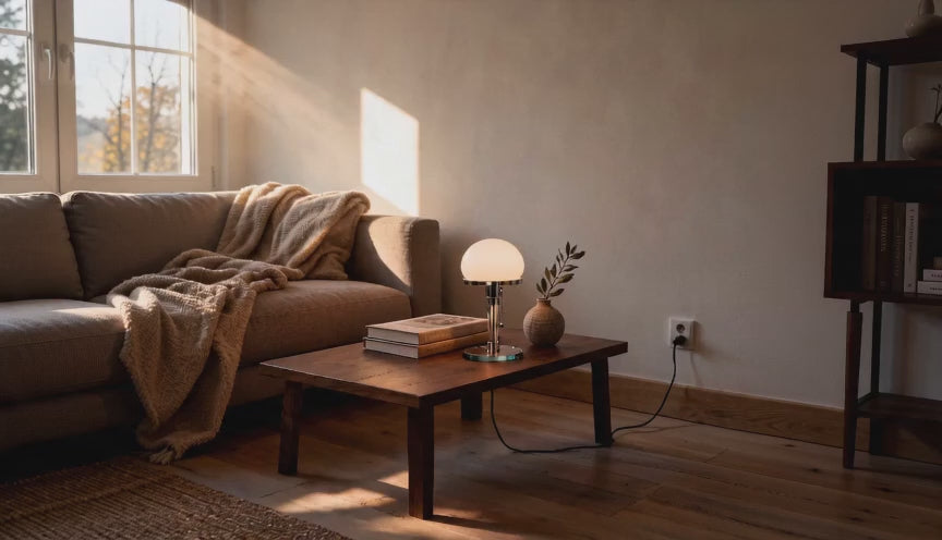 Cinematic video of a Bauhaus opal glass dome table lamp glowing softly on a wooden coffee table in a sunlit living room.