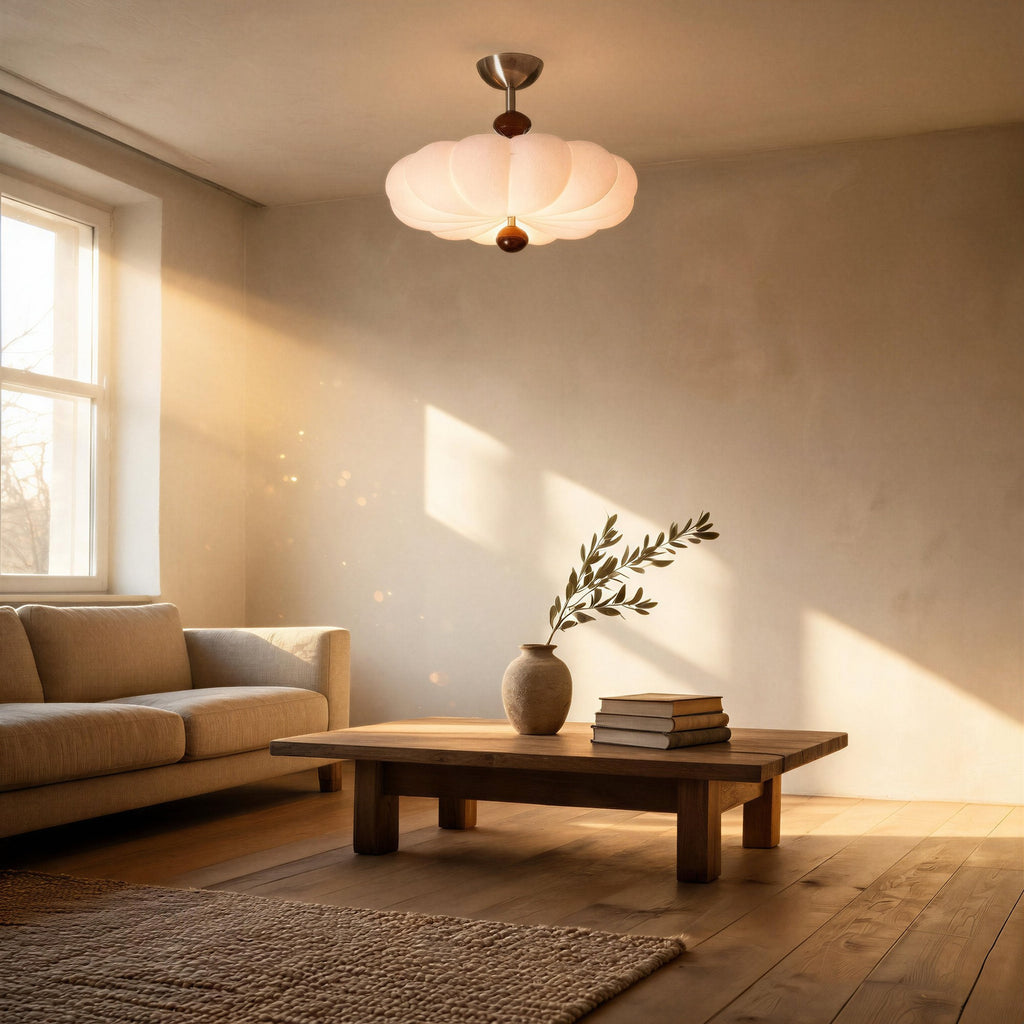 Japandi living room at golden hour with the pumpkin ceiling light glowing above a low oak coffee table and linen sofa.
