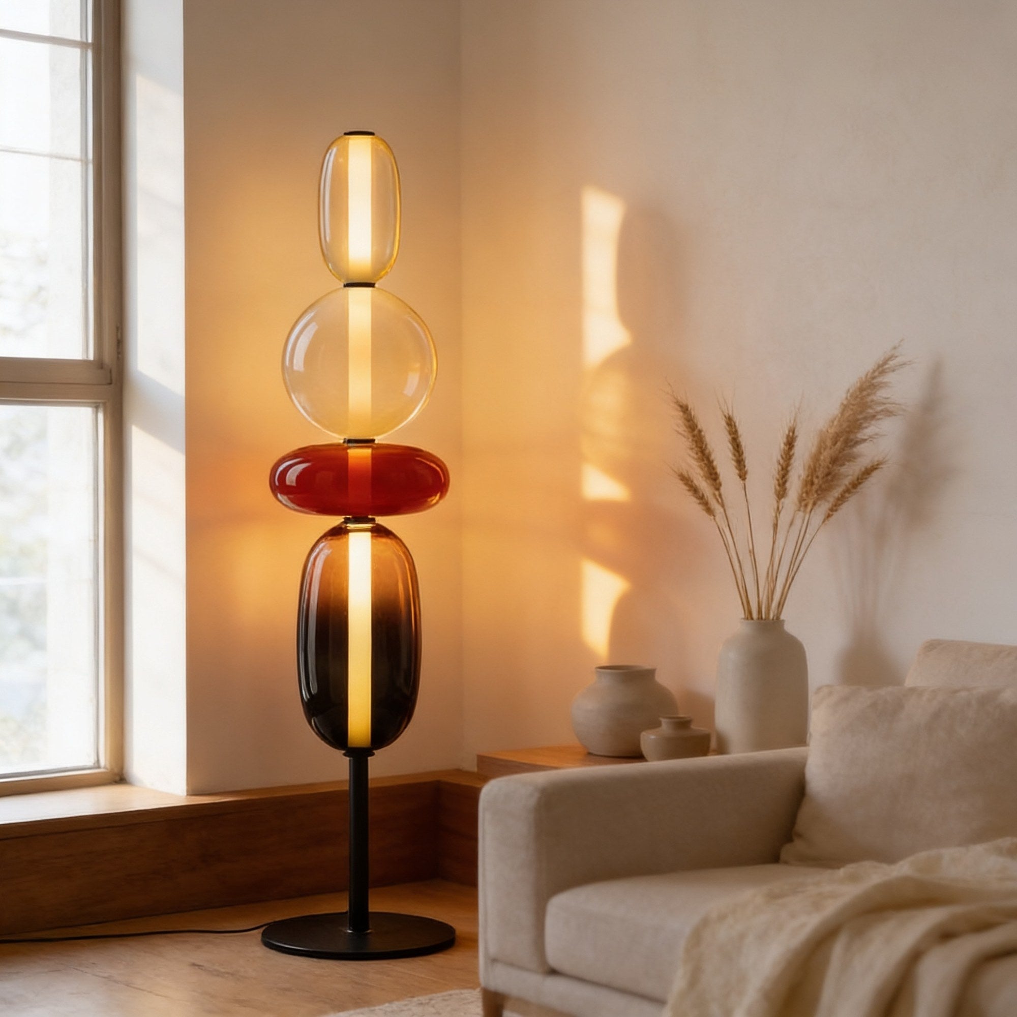 Sculptural glass pebble floor lamp lit in a sunlit living room beside a linen sofa, pampas grass and ceramic vases for warm ambient lighting